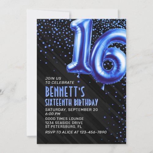 Blue Foil Balloons 16th Birthday Invitation