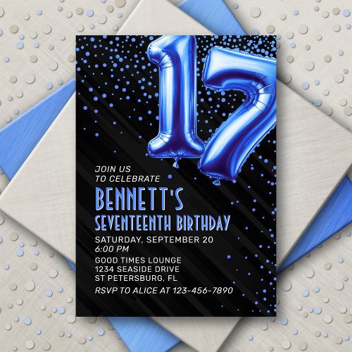 Blue Foil Balloons 17th Birthday Invitation