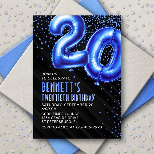 Blue Foil Balloons 20th Birthday Invitation