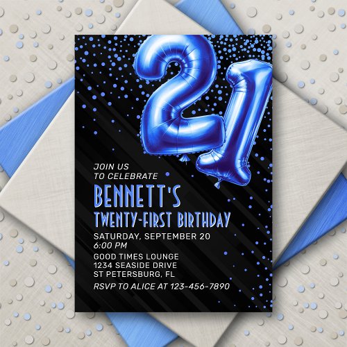 Blue Foil Balloons 21st Birthday Invitation