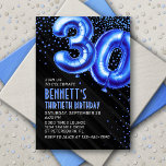 Blue Foil Balloons 30th Birthday Invitation<br><div class="desc">A birthday design that cuts straight to the celebration-no messing around. Featuring bold numbers styled to look like foil balloons with sparkling confetti all around, this design brings instant party vibes. The royal blue color scheme and art deco text elevate the design, adding a classic, masculine touch. Perfect for that...</div>