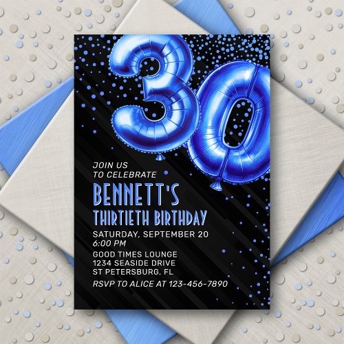 Blue Foil Balloons 30th Birthday Invitation