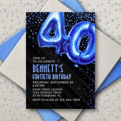 Blue Foil Balloons 40th Birthday Invitation