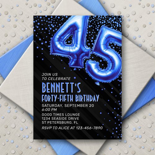 Blue Foil Balloons 45th Birthday Invitation