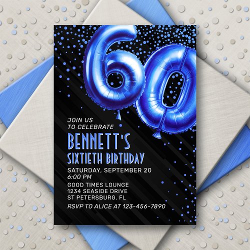 Blue Foil Balloons 60th Birthday Invitation