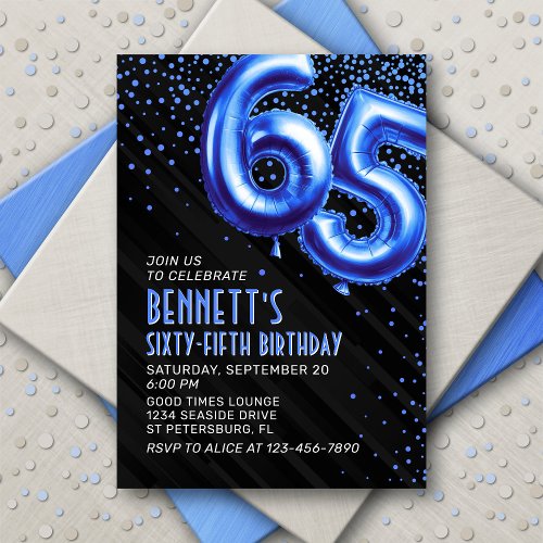 Blue Foil Balloons 65th Birthday Invitation
