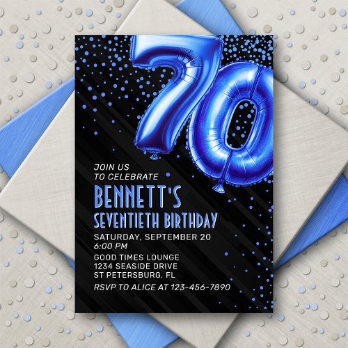 Blue Foil Balloons 70th Birthday Invitation