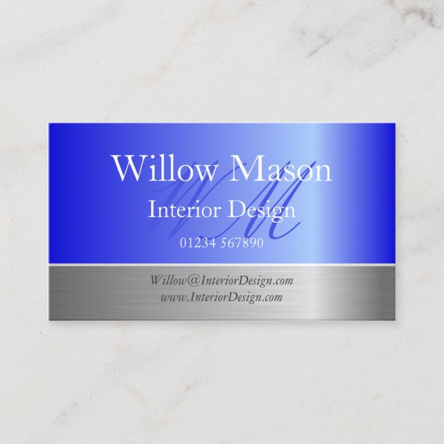 Blue Foil & Brushed Steel Monogram Business Card (Front)