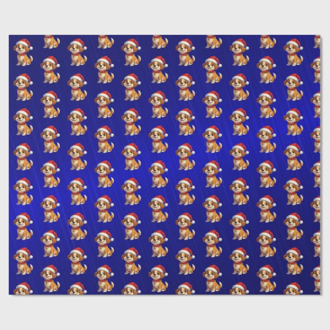 Blue Foil Cartoon Dog Christmas Wrapping Paper (Flat)