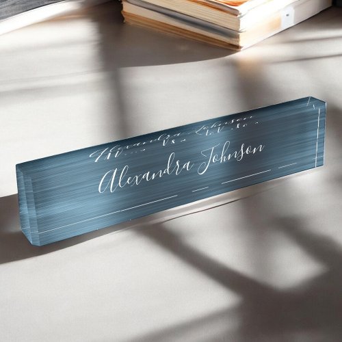 Blue Foil Metallic Modern Elegant Professional Desk Name Plate