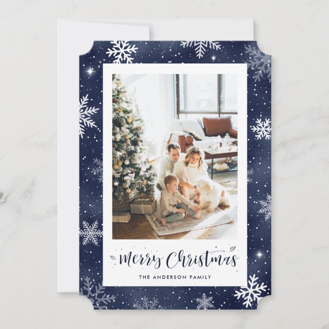 Blue Foil Photo Merry Christmas Holiday Card (Front)