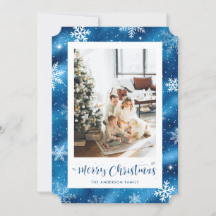 Blue Foil Snowflake Photo Merry Christmas Holiday Card