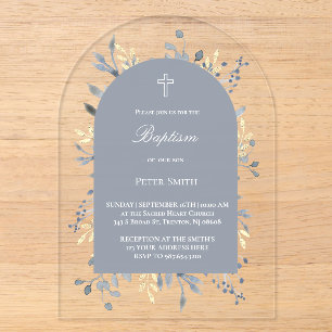 blue foliage Baptism Acrylic Invitation