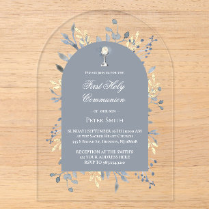 blue foliage First Holy Communion Acrylic Invitations