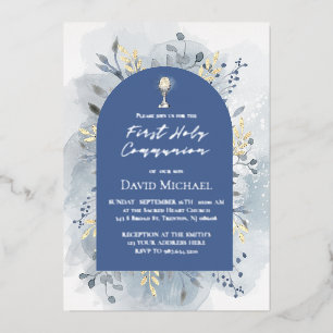 Blue foliage First Holy Communion Foil Invitation