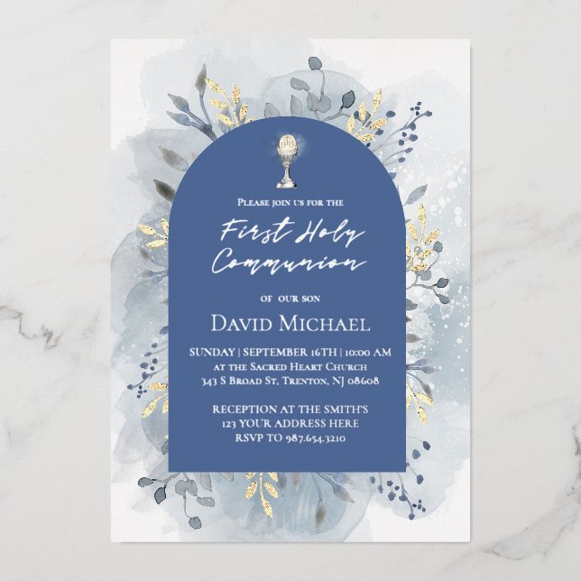 Blue foliage First Holy Communion Foil Invitation (Front)