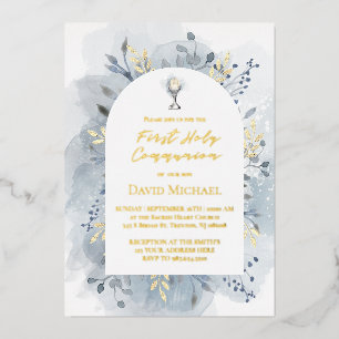 Blue foliage First Holy Communion Foil Invitation