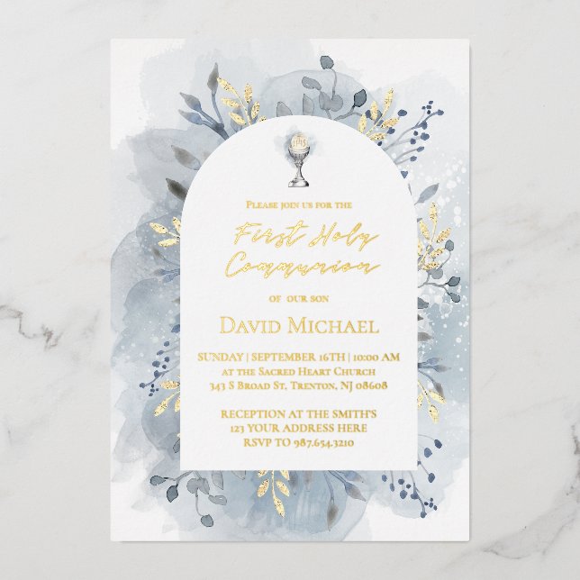 Blue foliage First Holy Communion Foil Invitation (Front)