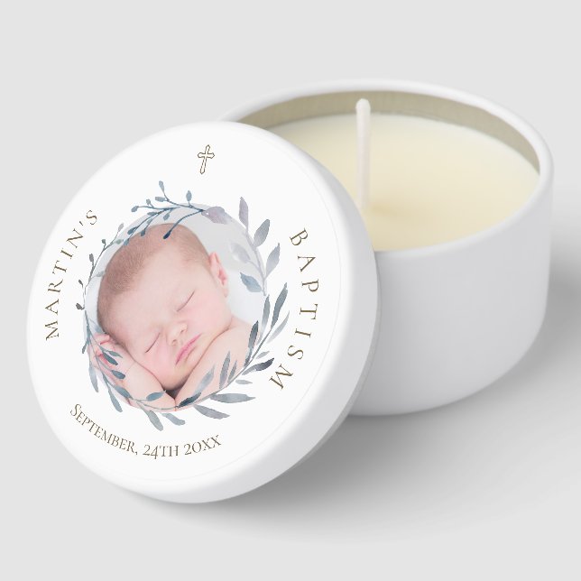 blue foliage frame photo Baptism Mini Candle Favors (Corner)