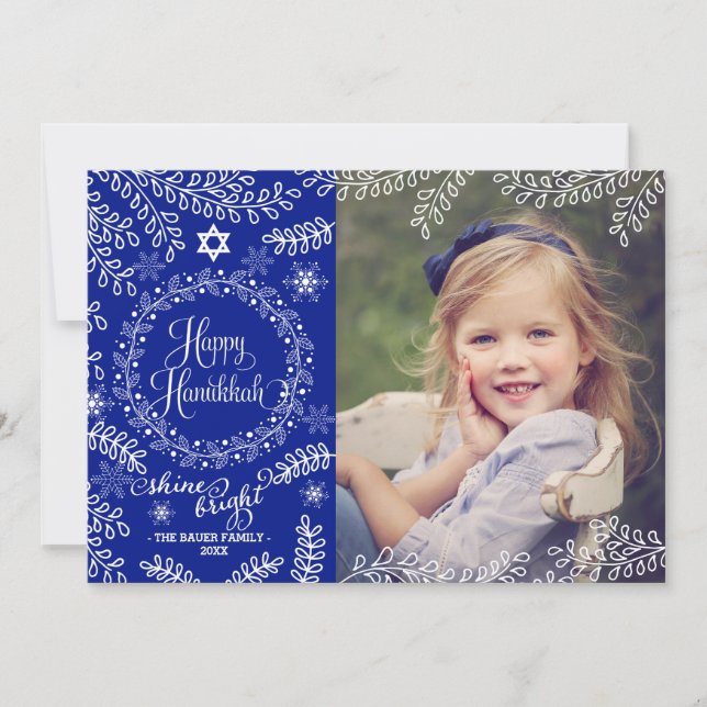 Blue Foliage Hanukkah Photo Card (Front)