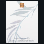 Blue foliage metallic gold copper monogrammed letterhead<br><div class="desc">Simple luxurious glamorous letterhead with hand painted watercolor ocean navy blue laurel leaves branch for business / professional use with monogrammed shiny beige tan copper metallic look geometric square label. Perfect choice for a stylish feminine sophisticated business image. ----- Personalize it with your business name and initials / monogram and...</div>