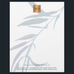 Blue foliage metallic gold copper monogrammed letterhead<br><div class="desc">Simple luxurious glamorous letterhead with hand painted watercolor ocean navy blue laurel leaves branch for business / professional use with monogrammed shiny beige tan copper metallic look geometric square label. Perfect choice for a stylish feminine sophisticated business image. ----- Personalize it with your business name and initials / monogram and...</div>
