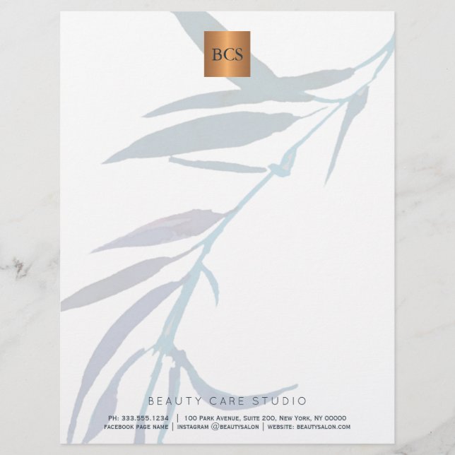 Blue foliage metallic gold copper monogrammed letterhead (Front)