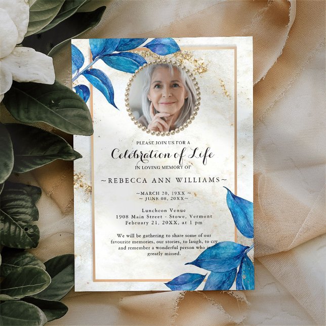 Blue Foliage Modern Photo Celebration of Life Invitation (Creator Uploaded)