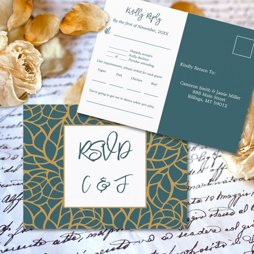 Blue Foliage Pattern Wedding Menu Music RSVP Card 