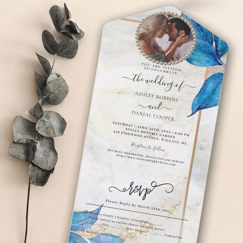 Blue Foliage Wedding All In One Invitation