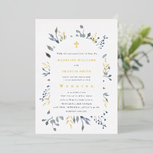 blue foliage wedding foil invitation