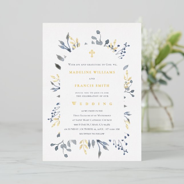  blue foliage wedding  foil invitation (Standing Front)