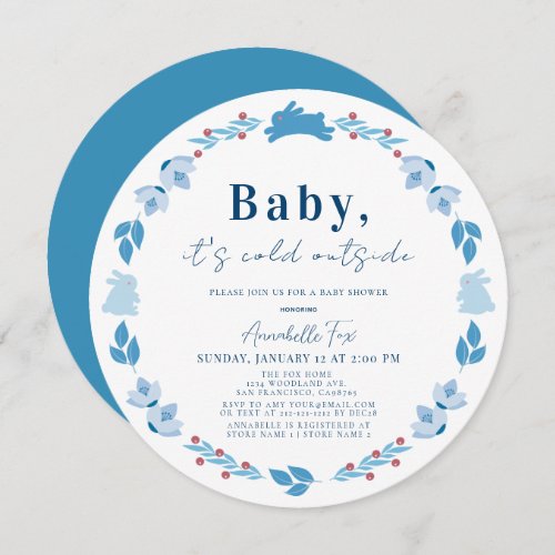 Blue Folk Art Baby Its Cold Outside Baby Shower Invitation
