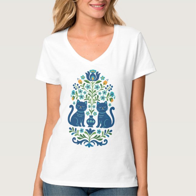Blue Folk Art Cats – Whimsical Floral Cat Design i T-Shirt (Front)