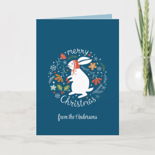 Blue Folk Art Christmas Letterpress Thank You Card