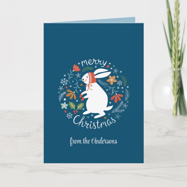 Blue Folk Art Christmas Thank You Card (Front)