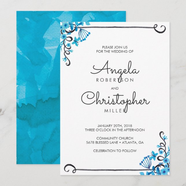 Blue Folk Art Floral Watercolor Wedding Invitation (Front/Back)