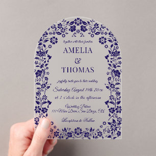 Blue Folk Art Floral Wedding  Acrylic Invitations