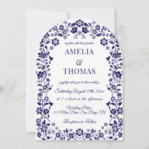 Blue Folk Art Floral Wedding Invitation