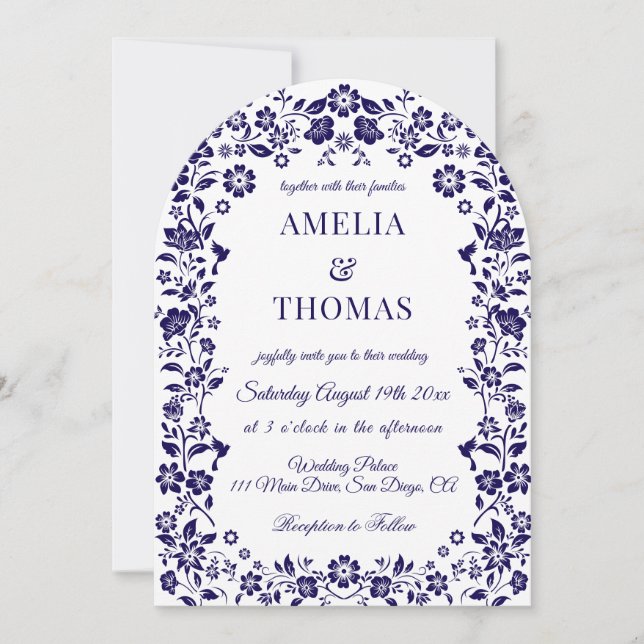 Blue Folk Art Floral Wedding  Invitation (Front)