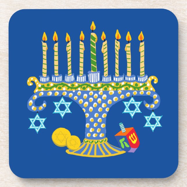 Blue Folk Art Menorah  Beverage Coaster (Front)