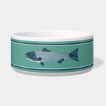 Blue Folk Art Trout/Salmon Bowl<br><div class="desc">A simple, blue-toned trout or salmon in folk art style on a light blue-green background. For more contrast you may change the background color. Customize by adding your own text. You may also change both the font and text color. You may also change the color of the stripes, or eliminate...</div>