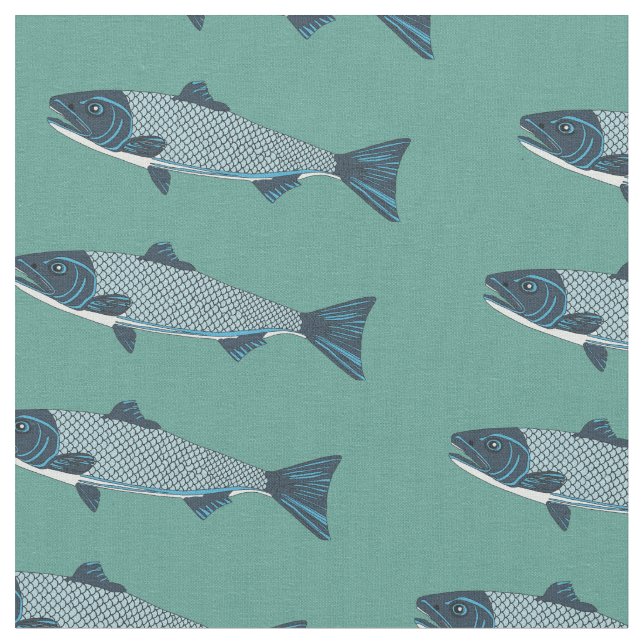 Blue Folk Art Trout/Salmon Fabric (Close Up)