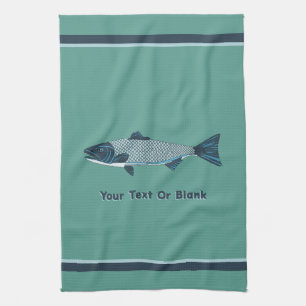 Blue Folk Art Trout/Salmon Kitchen Towel