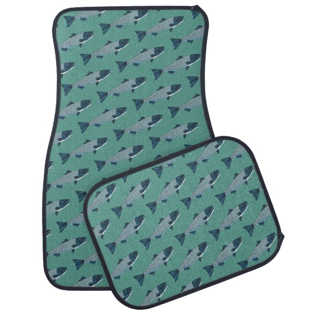 Blue Folk Art Trout/Salmon - Right Facing Car Floor Mat (Set)