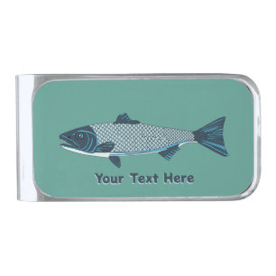 Blue Folk Art Trout/Salmon Silver Finish Money Clip