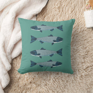 Blue Folk Art Trout/Salmon Throw Pillow