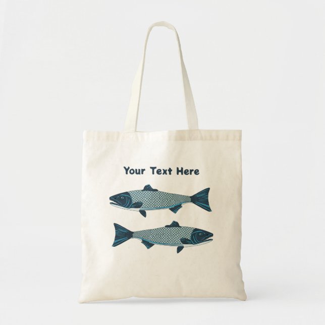 Blue Folk Art Trout/Salmon Tote Bag (Front)