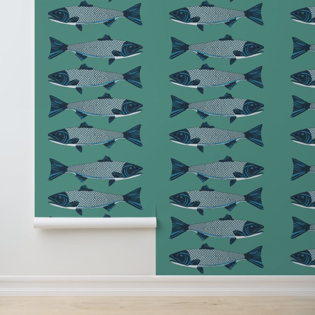 Blue Folk Art Trout/Salmon Wallpaper (Application)
