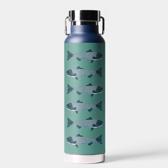 Blue Folk Art Trout/Salmon Water Bottle (Front)